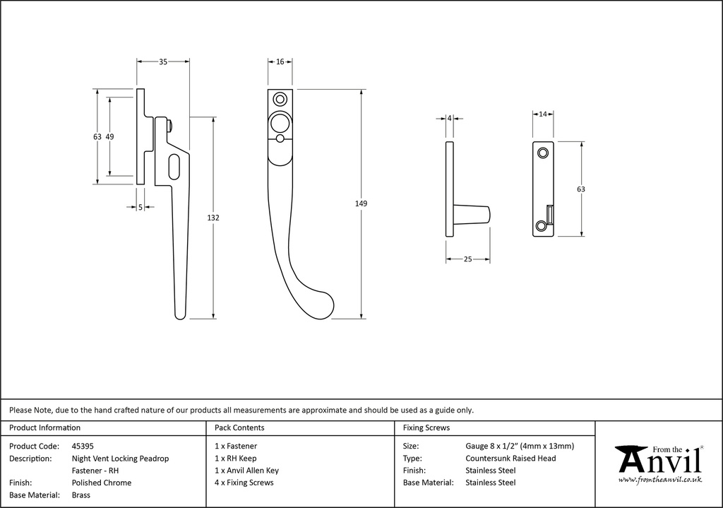 Polished Chrome Night-Vent Locking Peardrop Fastener - RH - 45395 - Technical Drawing