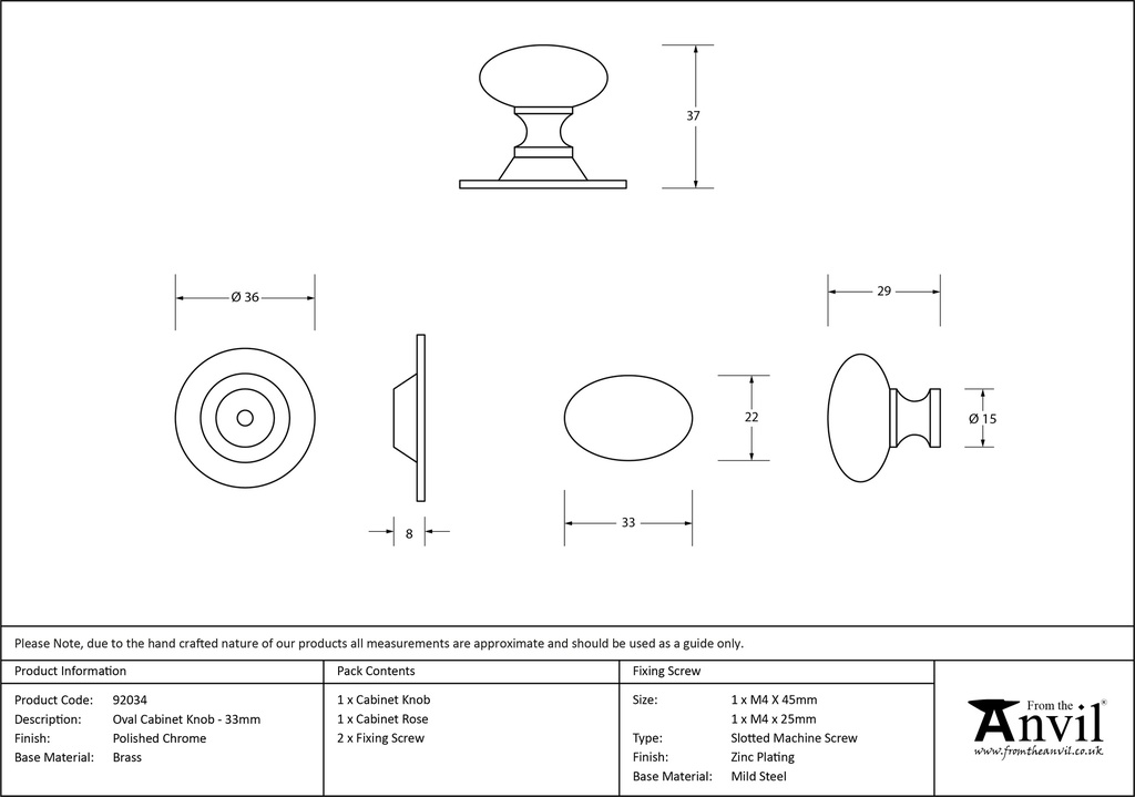 Polished Chrome Oval Cabinet Knob 33mm - 92034 - Technical Drawing