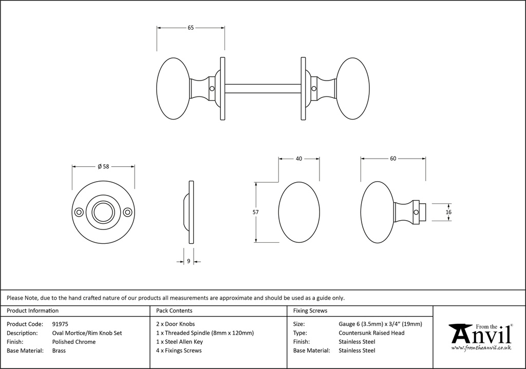 Polished Chrome Oval Mortice/Rim Knob Set - 91975 - Technical Drawing