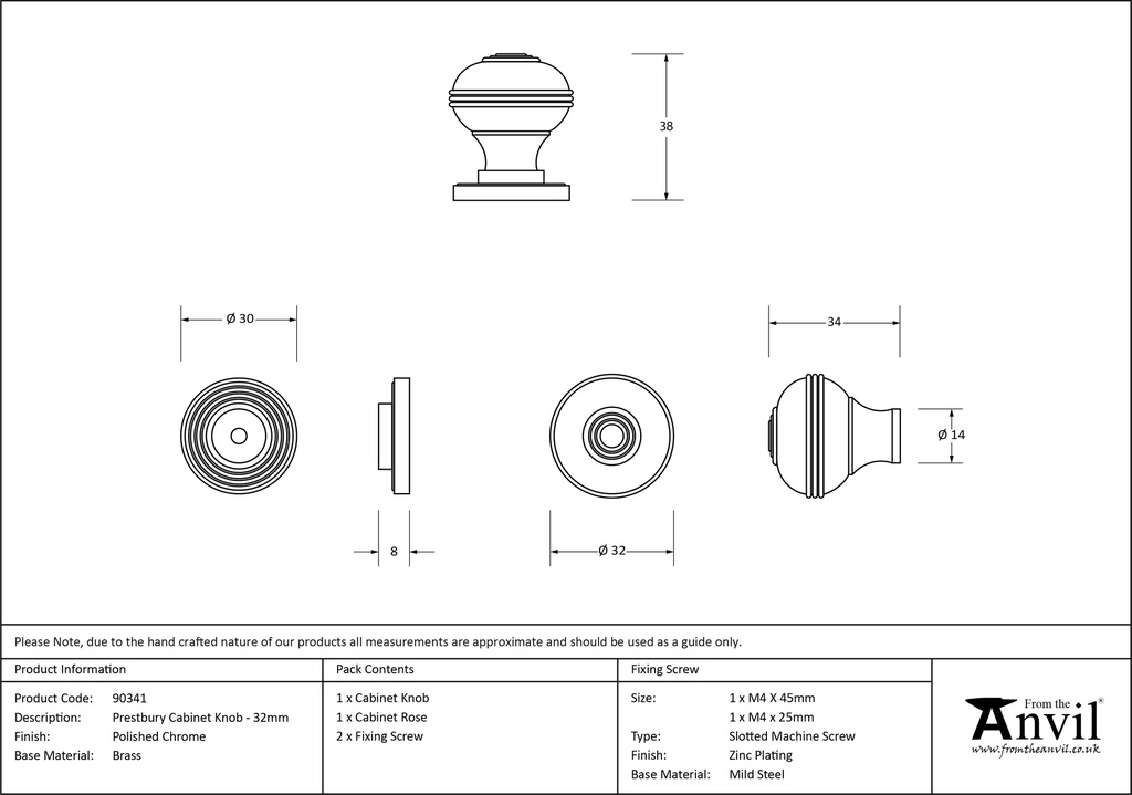 Polished Chrome Prestbury Cabinet Knob 32mm - 90341 - Technical Drawing