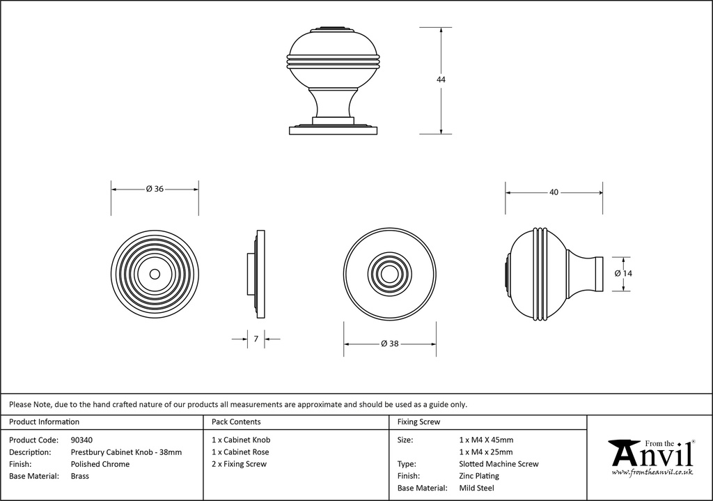 Polished Chrome Prestbury Cabinet Knob 38mm - 90340 - Technical Drawing