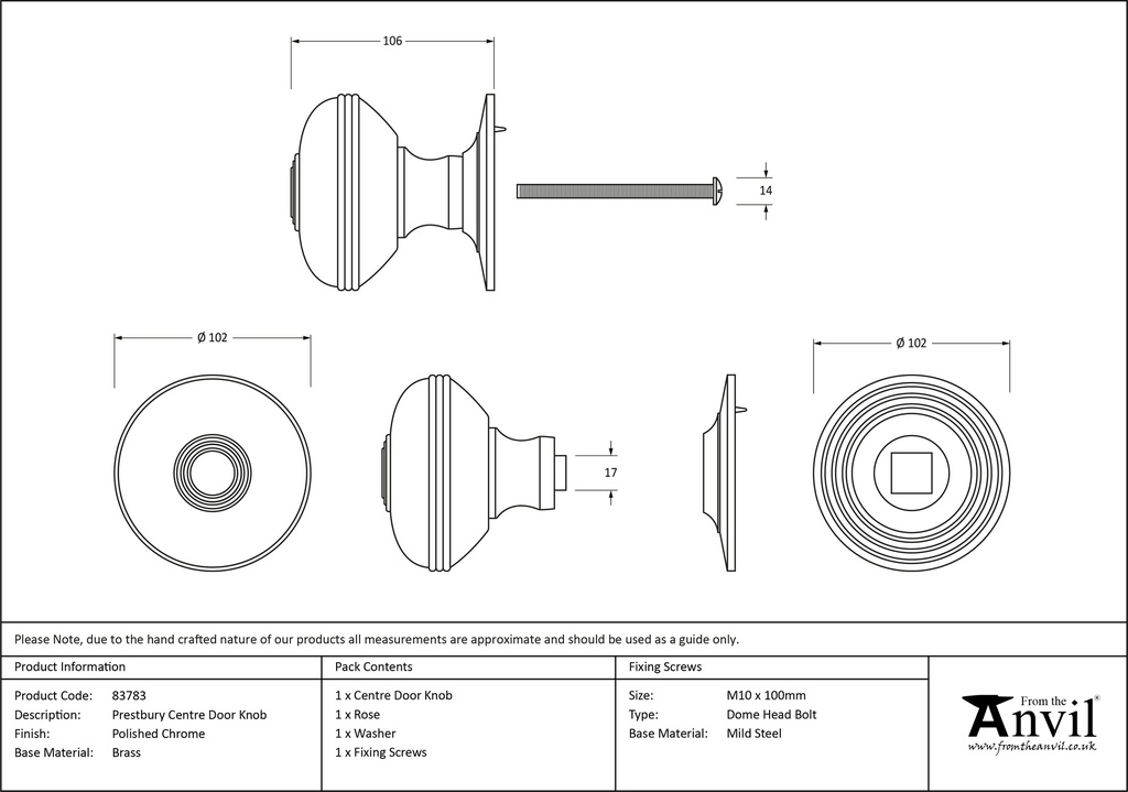 Polished Chrome Prestbury Centre Door Knob - 83783 - Technical Drawing