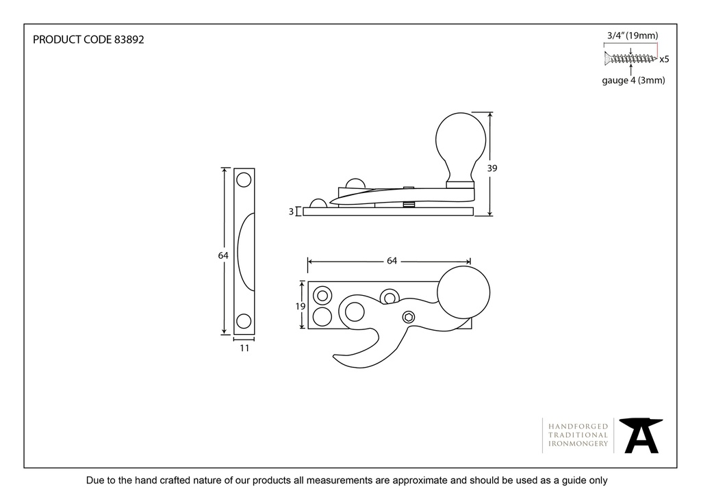 Polished Chrome Prestbury Sash Hook Fastener - 83892 - Technical Drawing
