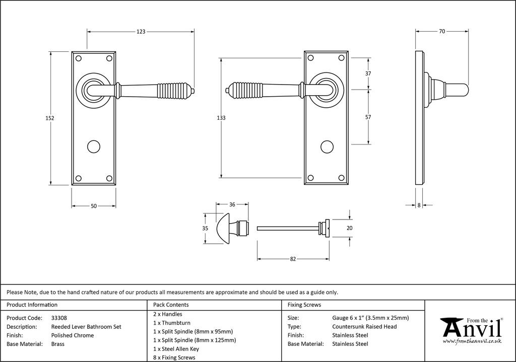 Polished Chrome Reeded Lever Bathroom Set - 33308 - Technical Drawing