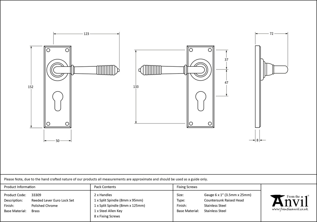 Polished Chrome Reeded Lever Euro Set - 33309 - Technical Drawing