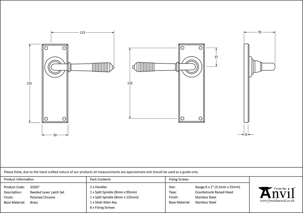 Polished Chrome Reeded Lever Latch Set - 33307 - Technical Drawing