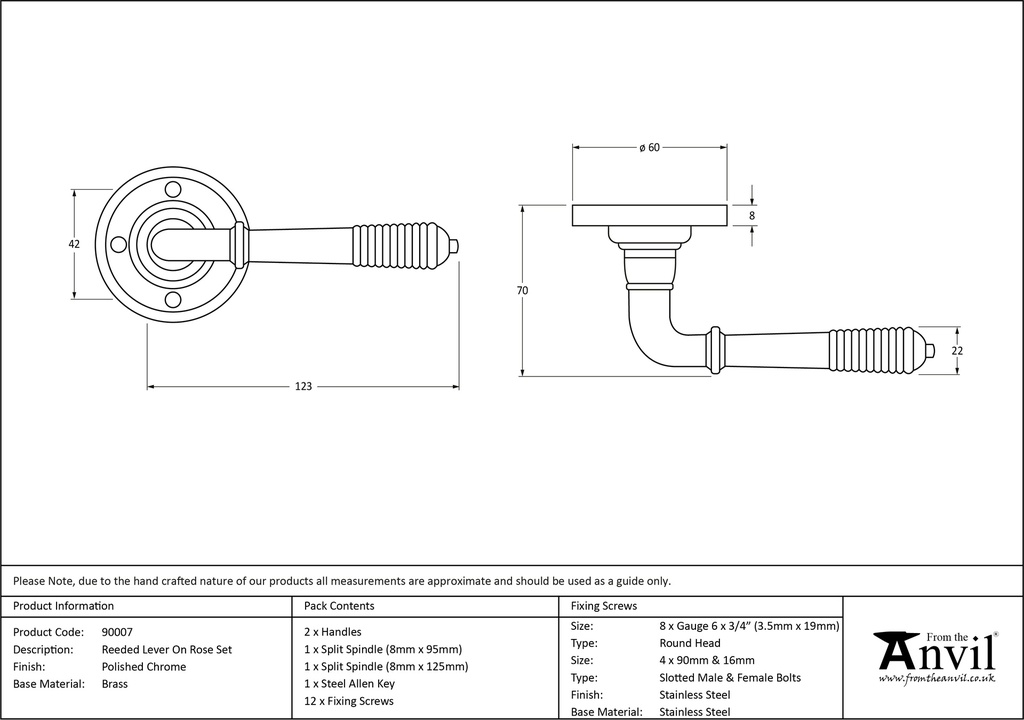 Polished Chrome Reeded Lever on Rose Set - 90007 - Technical Drawing