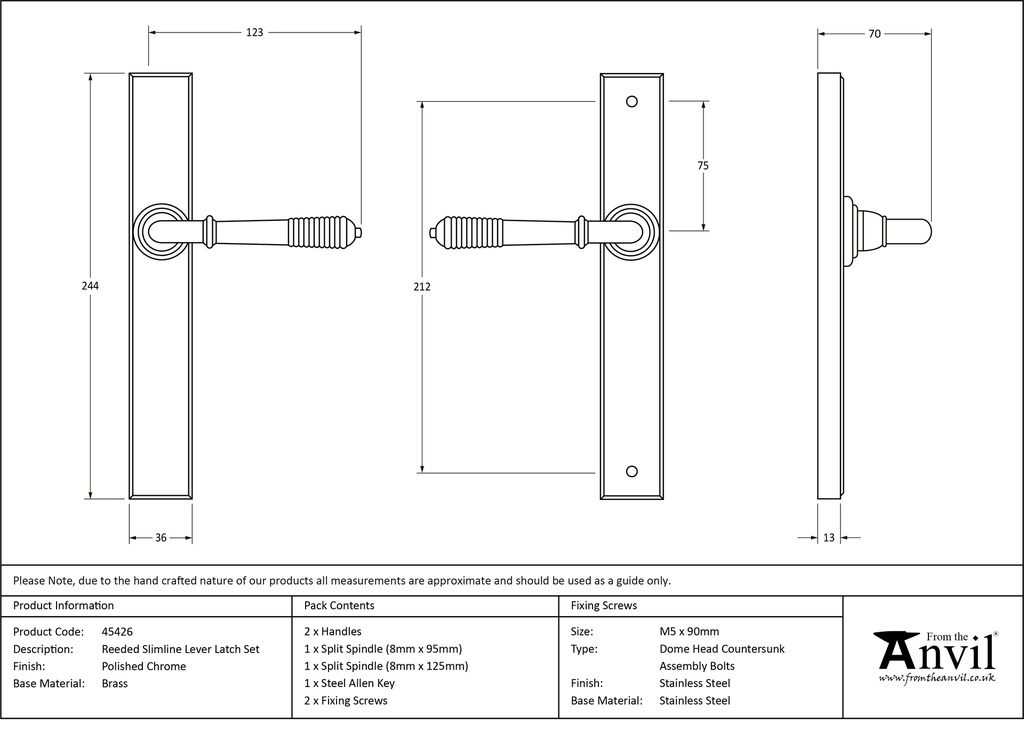 Polished Chrome Reeded Slimline Lever Latch Set - 45426 - Technical Drawing