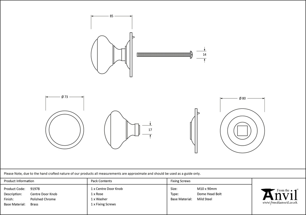 Polished Chrome Round Centre Door Knob - 91978 - Technical Drawing