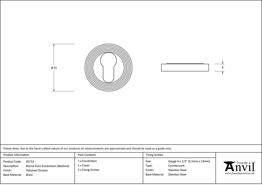 Polished Chrome Round Euro Escutcheon (Beehive) - 45713 - Technical Drawing