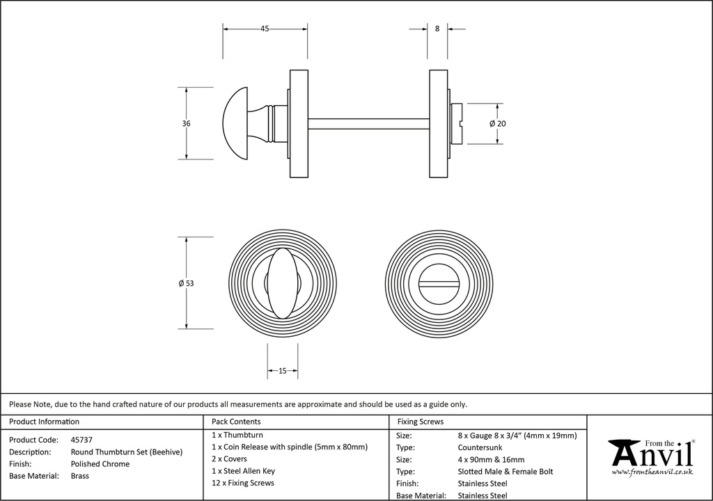 Polished Chrome Round Thumbturn Set (Beehive) - 45737 - Technical Drawing