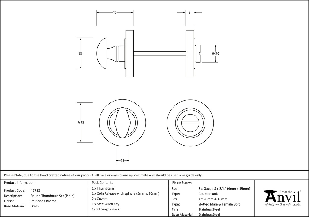 Polished Chrome Round Thumbturn Set (Plain) - 45735 - Technical Drawing