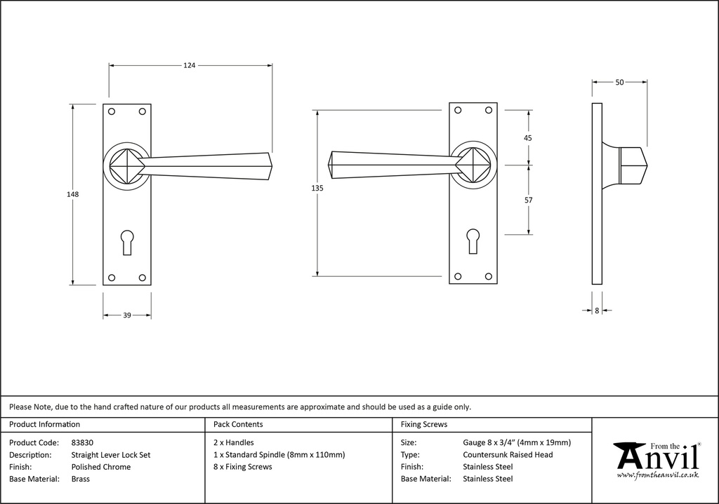 Polished Chrome Straight Lever Lock Set - 83830 - Technical Drawing