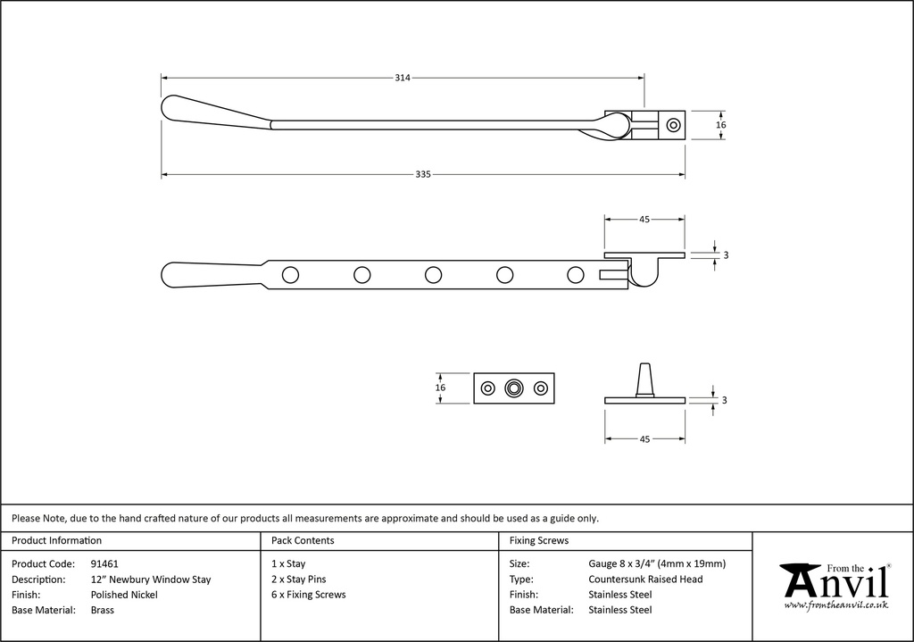 Polished Nickel 12&quot; Newbury Stay - 91461 - Technical Drawing