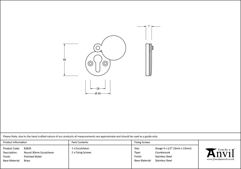 Polished Nickel 30mm Round Escutcheon - 83835 - Technical Drawing