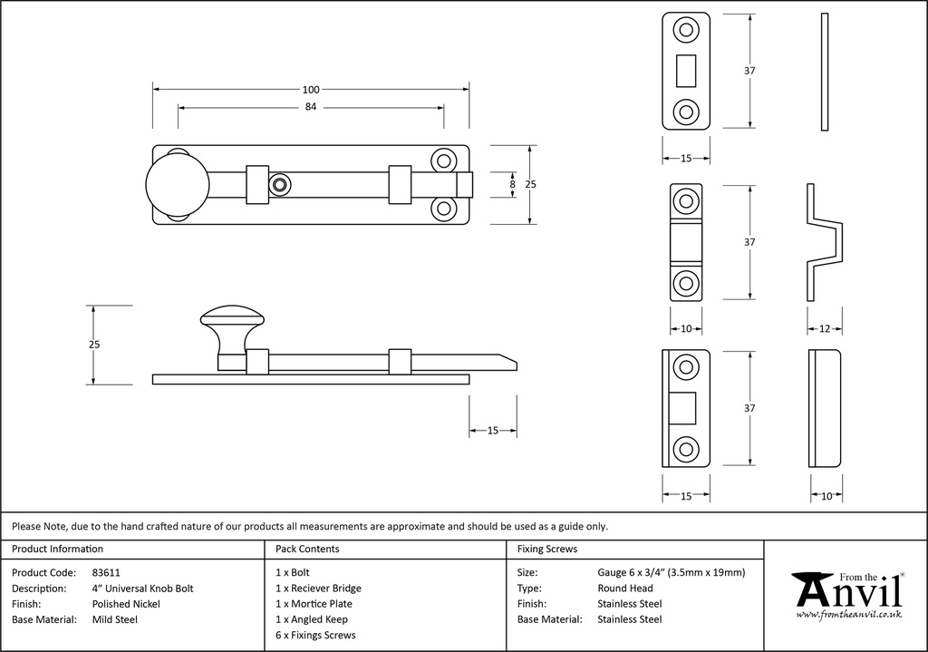 Polished Nickel 4&quot; Universal Bolt - 83611 - Technical Drawing