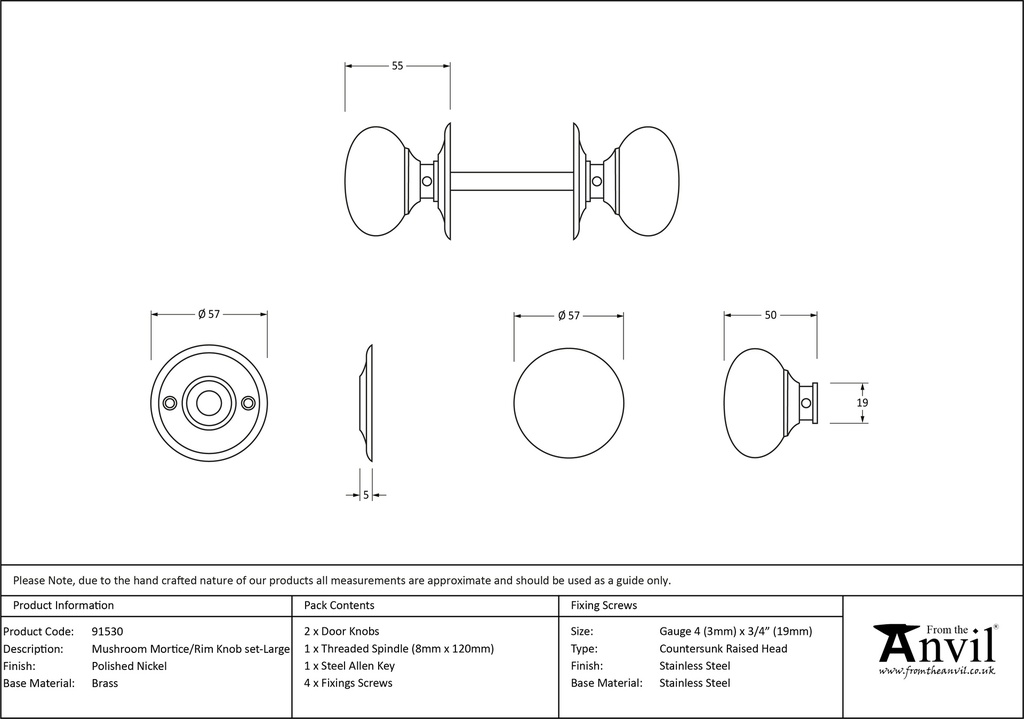 Polished Nickel 57mm Mushroom Mortice/Rim Knob Set - 91530 - Technical Drawing