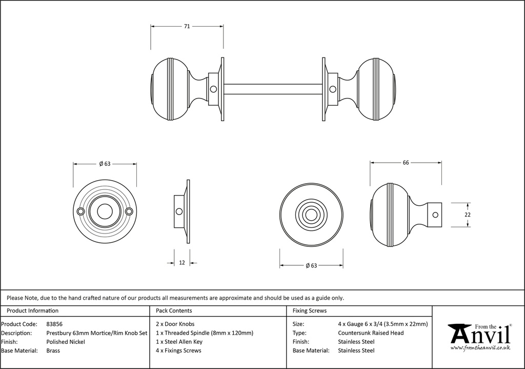 Polished Nickel 63mm Prestbury Mortice/Rim Knob Set - 83856 - Technical Drawing