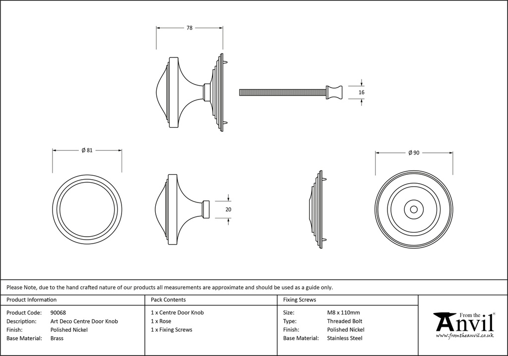 Polished Nickel Art Deco Centre Door Knob - 90068 - Technical Drawing