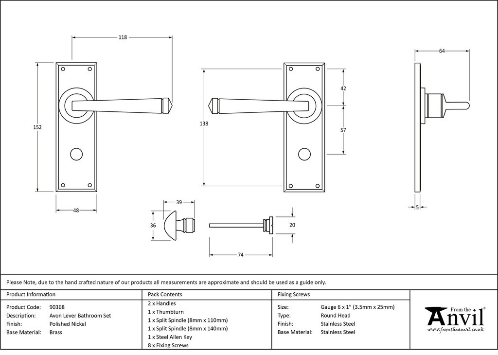 Polished Nickel Avon Lever Bathroom Set - 90368 - Technical Drawing
