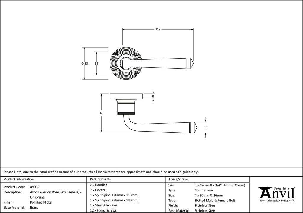 Polished Nickel Avon Round Lever on Rose Set (Beehive) - Unsprungnsprung - 49955 - Technical Drawing