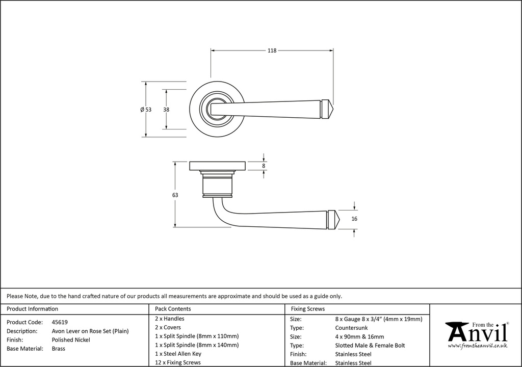 Polished Nickel Avon Round Lever on Rose Set (Plain) - 45619 - Technical Drawing