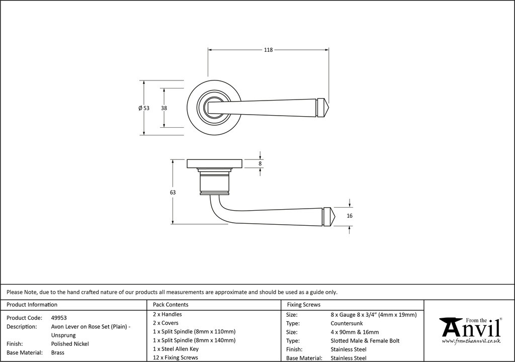 Polished Nickel Avon Round Lever on Rose Set (Plain) - Unsprungnsprung - 49953 - Technical Drawing