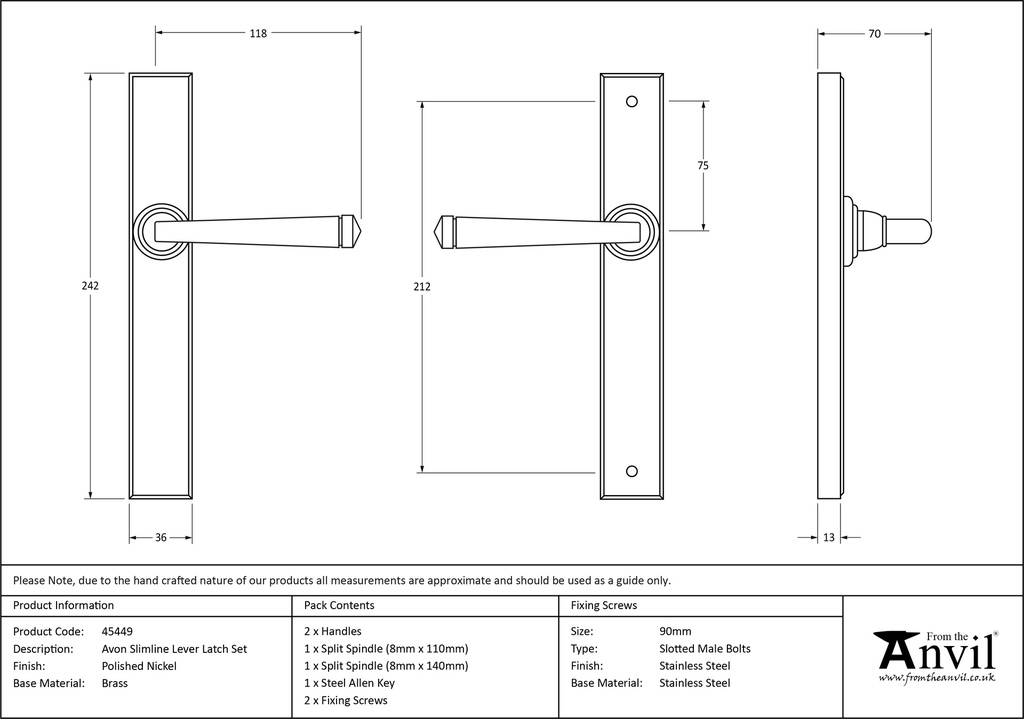 Polished Nickel Avon Slimline Lever Latch Set - 45449 - Technical Drawing