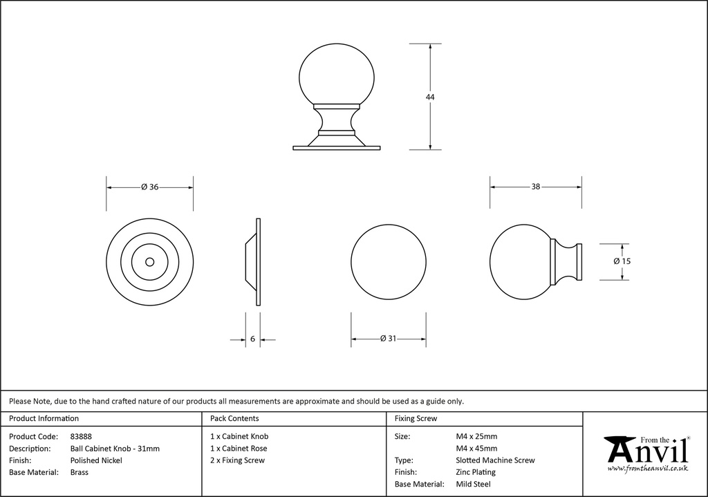 Polished Nickel Ball Cabinet Knob 31mm - 83888 - Technical Drawing