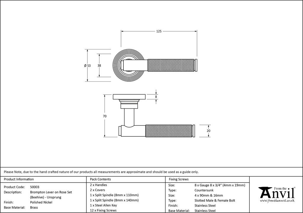 Polished Nickel Brompton Lever on Rose Set (Beehive) - Unsprungnsprung - 50003 - Technical Drawing