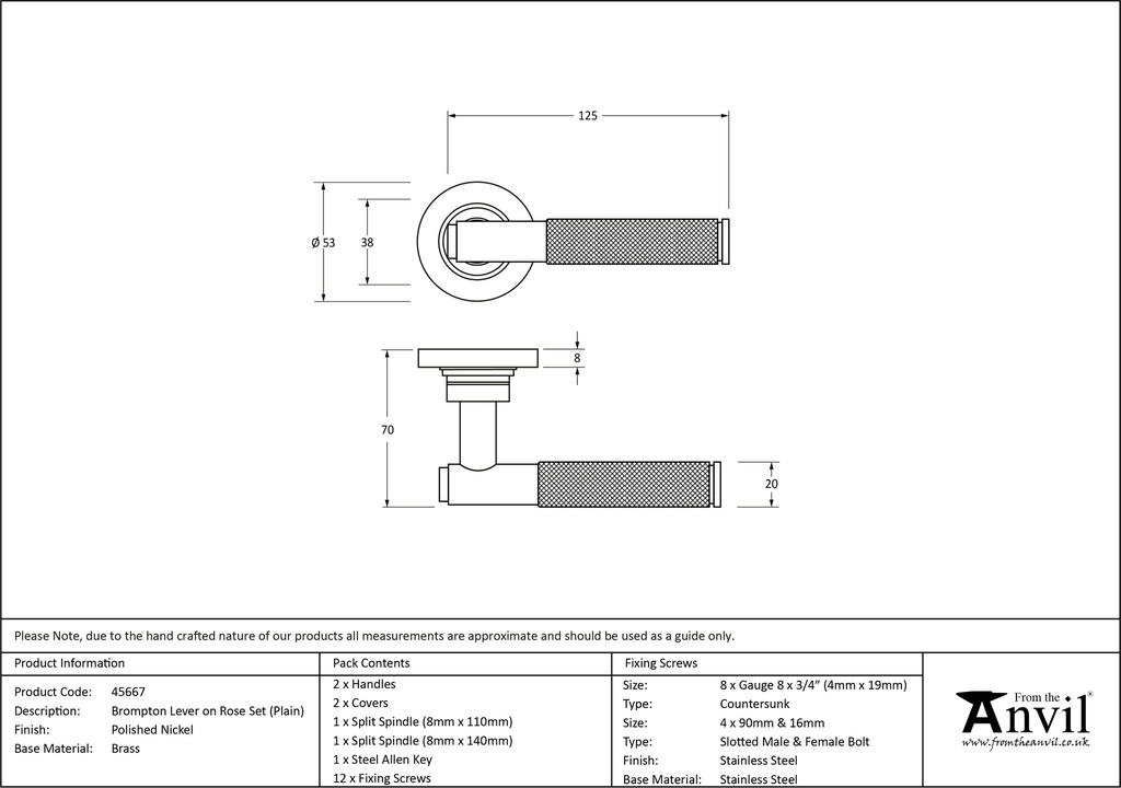 Polished Nickel Brompton Lever on Rose Set (Plain) - 45667 - Technical Drawing