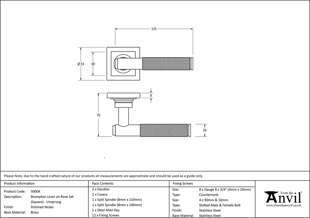 Polished Nickel Brompton Lever on Rose Set (Square) - Unsprungnsprung - 50004 - Technical Drawing