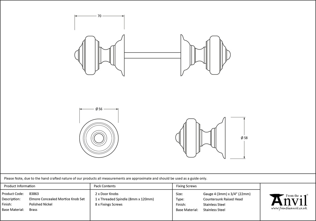 Polished Nickel Elmore Concealed Mortice Knob Set - 83863 - Technical Drawing