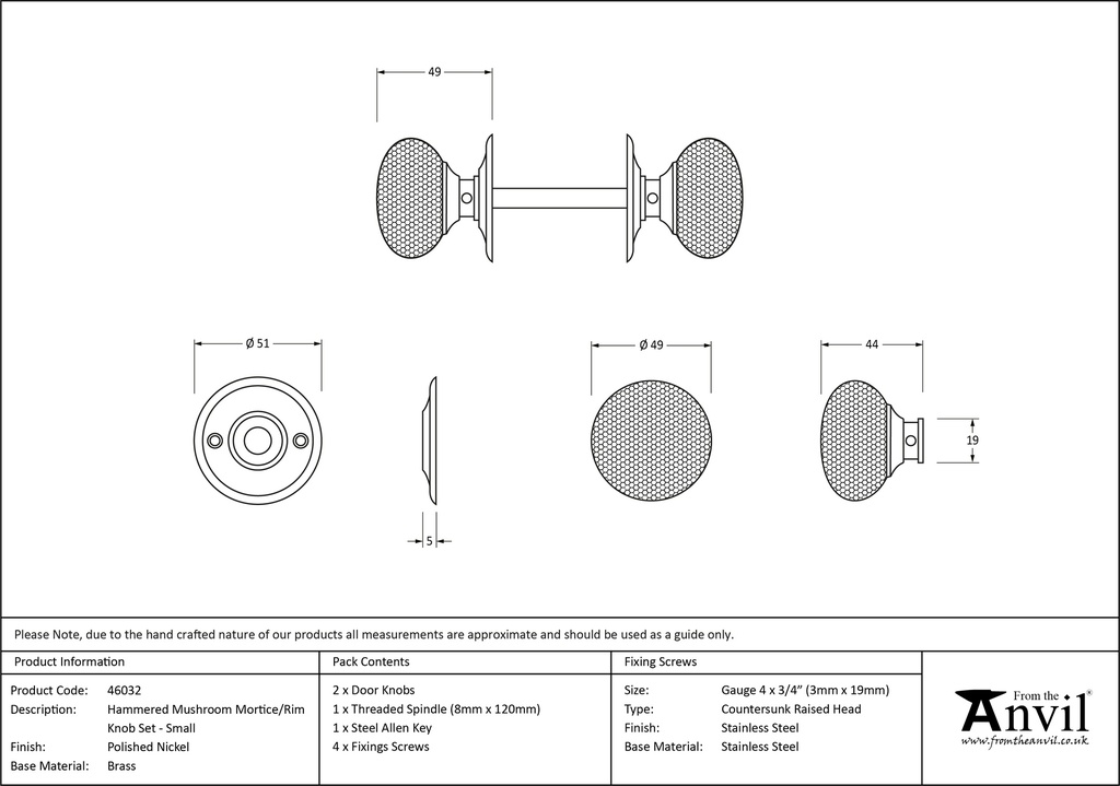 Polished Nickel Hammered Mushroom Mortice/Rim Knob Set - 46032 - Technical Drawing