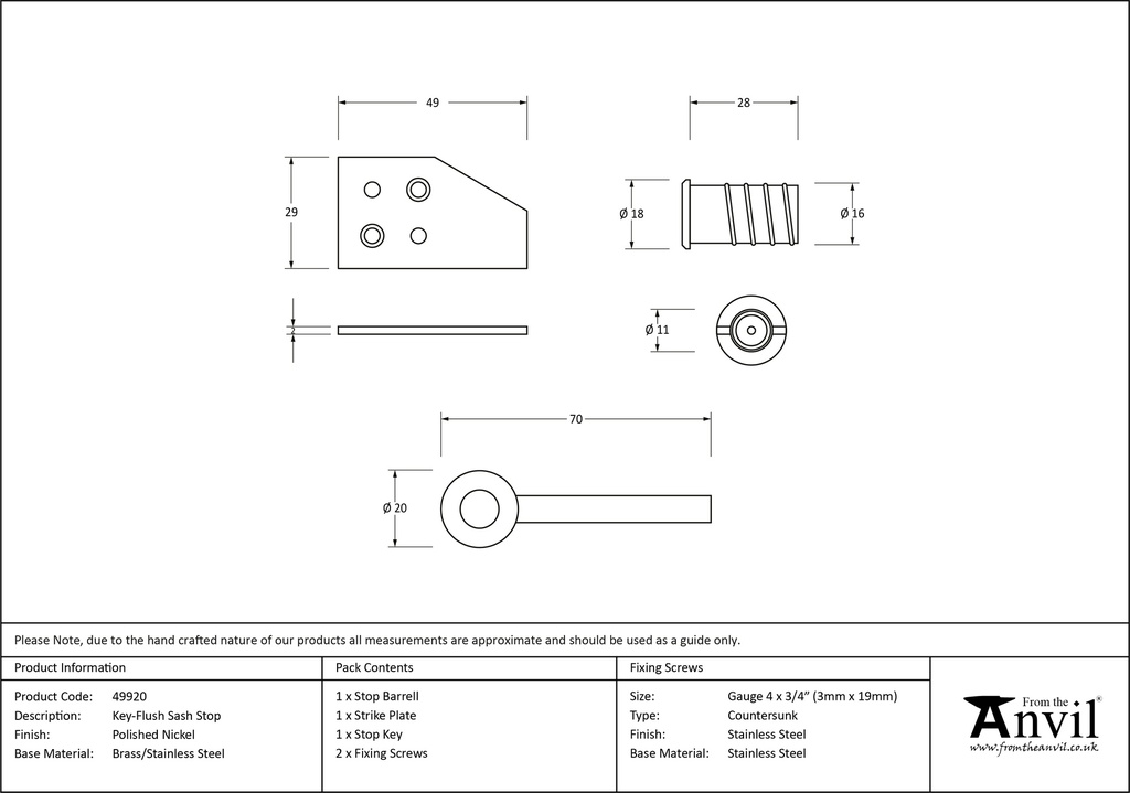 Polished Nickel Key-Flush Sash Stop - 49920 - Technical Drawing