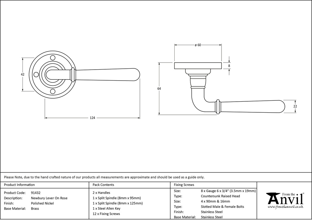 Polished Nickel Newbury Lever on Rose Set - 91432 - Technical Drawing