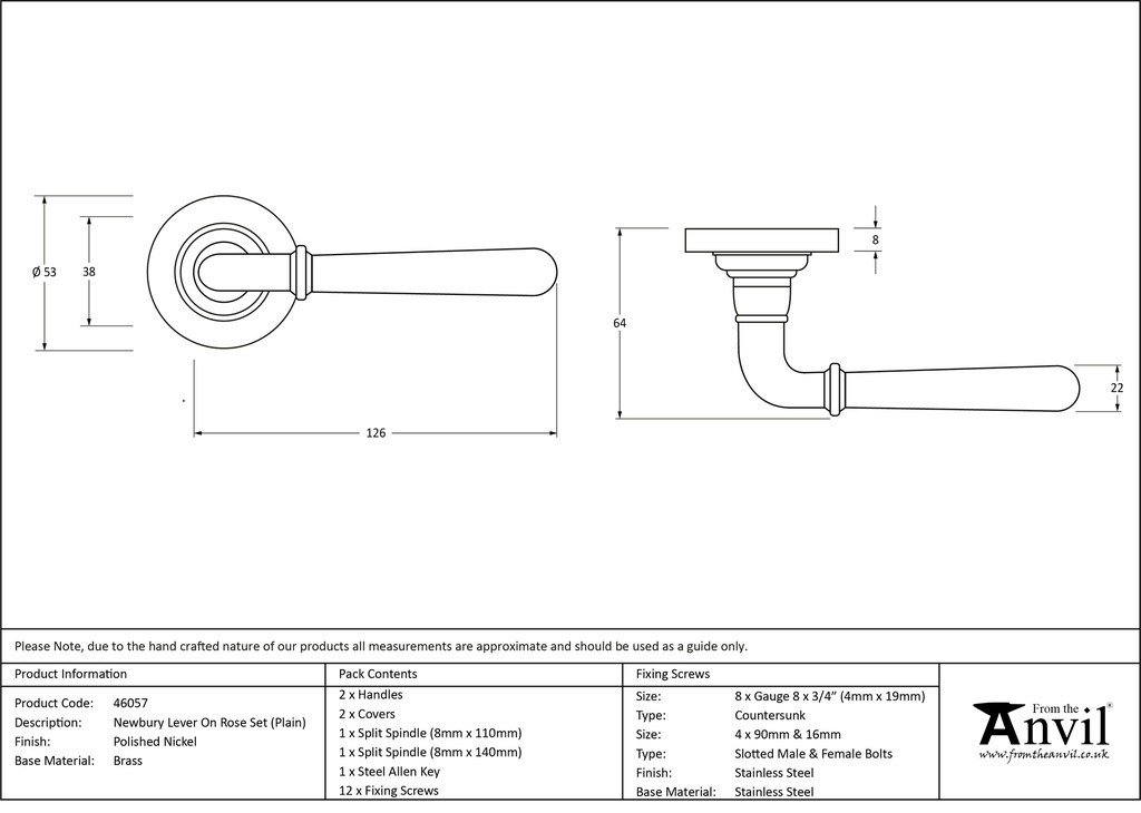 Polished Nickel Newbury Lever on Rose Set (Plain) - 46057 - Technical Drawing