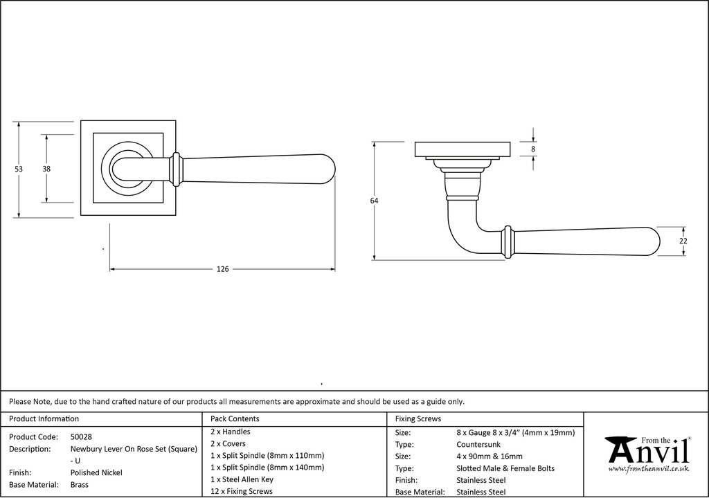 Polished Nickel Newbury Lever on Rose Set (Square) - Unsprung - 50028 - Technical Drawing