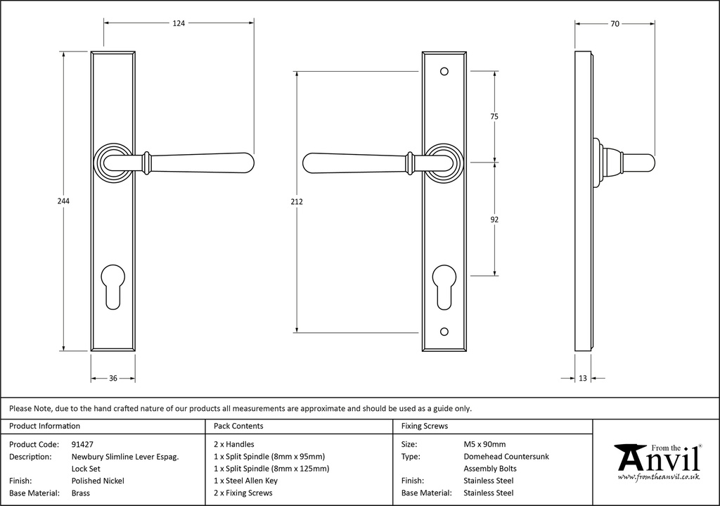 Polished Nickel Newbury Slimline Lever Espag. Lock Set - 91427 - Technical Drawing