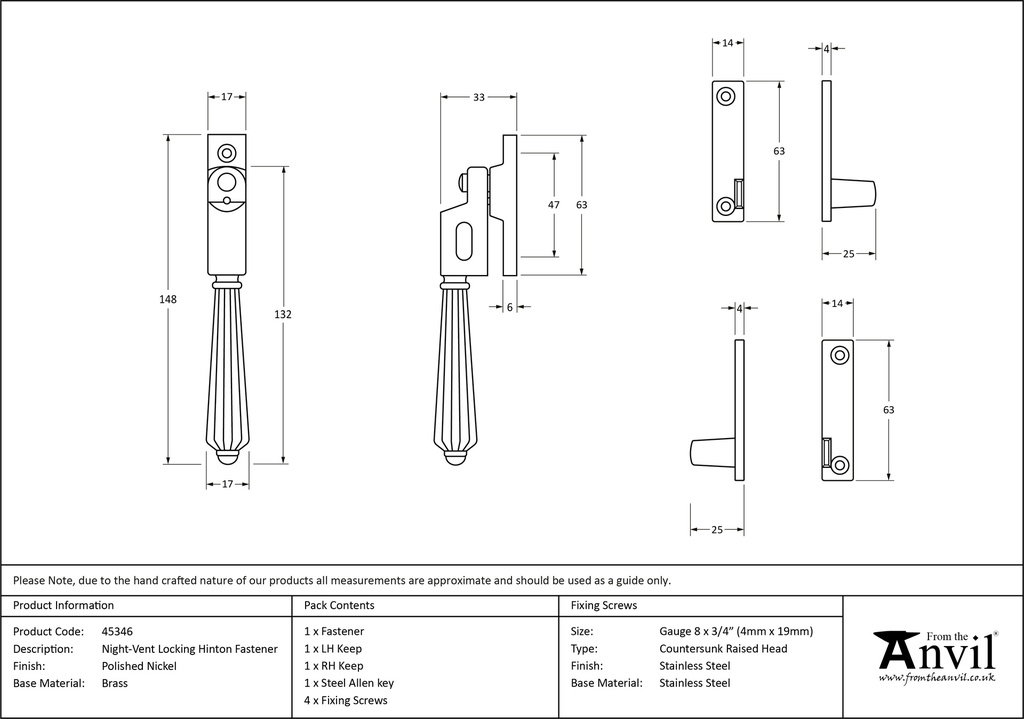 Polished Nickel Night-Vent Locking Hinton Fastener - 45346 - Technical Drawing