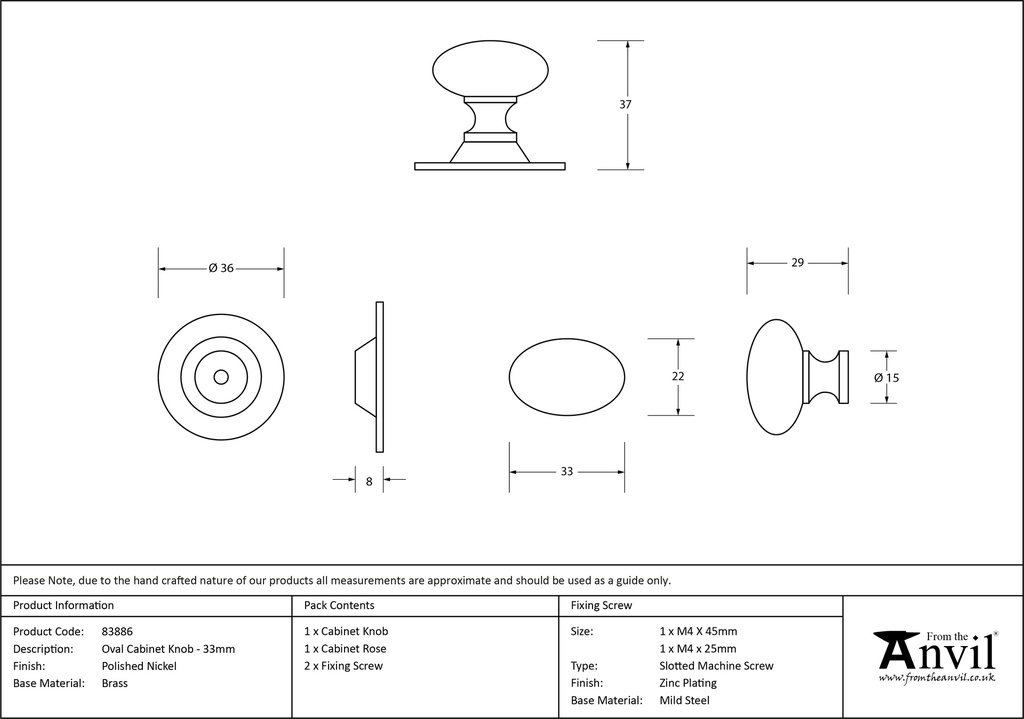 Polished Nickel Oval Cabinet Knob 33mm - 83886 - Technical Drawing