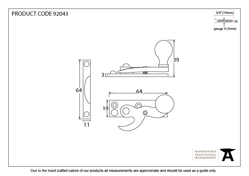 Polished Nickel Prestbury Sash Hook Fastener - 92043 - Technical Drawing