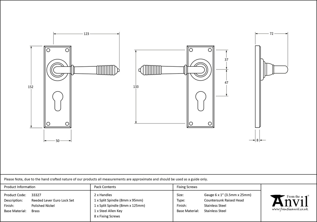 Polished Nickel Reeded Lever Euro Set - 33327 - Technical Drawing