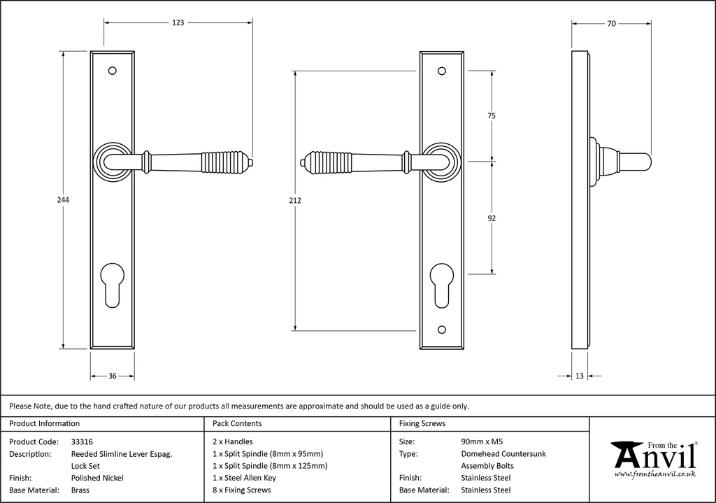 Polished Nickel Reeded Slimline Lever Espag. Lock Set - 33316 - Technical Drawing