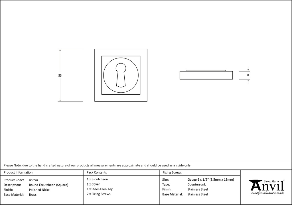 Polished Nickel Round Escutcheon (Square) - 45694 - Technical Drawing