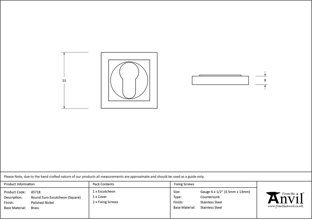 Polished Nickel Round Euro Escutcheon (Square) - 45718 - Technical Drawing