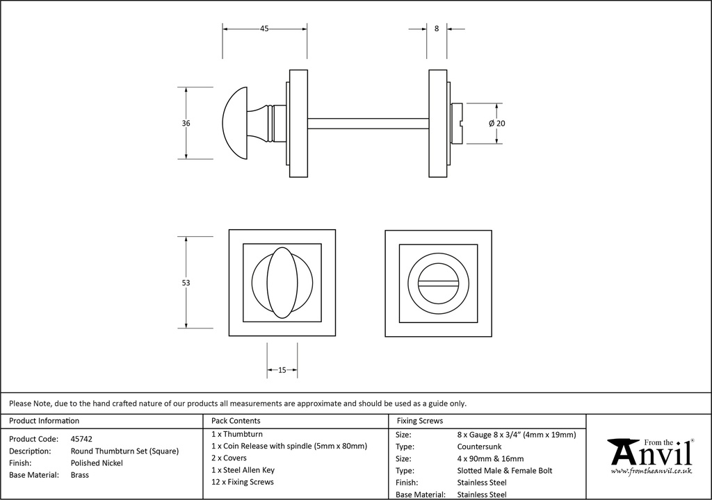 Polished Nickel Round Thumbturn Set (Square) - 45742 - Technical Drawing