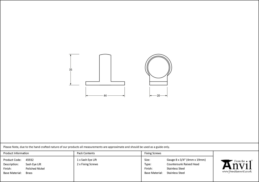 Polished Nickel Sash Eye Lift - 45932 - Technical Drawing