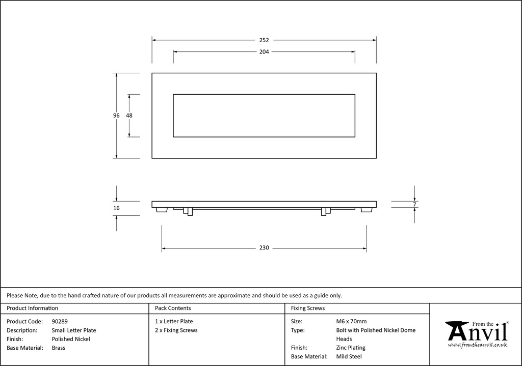 Polished Nickel Small Letter Plate - 90289 - Technical Drawing