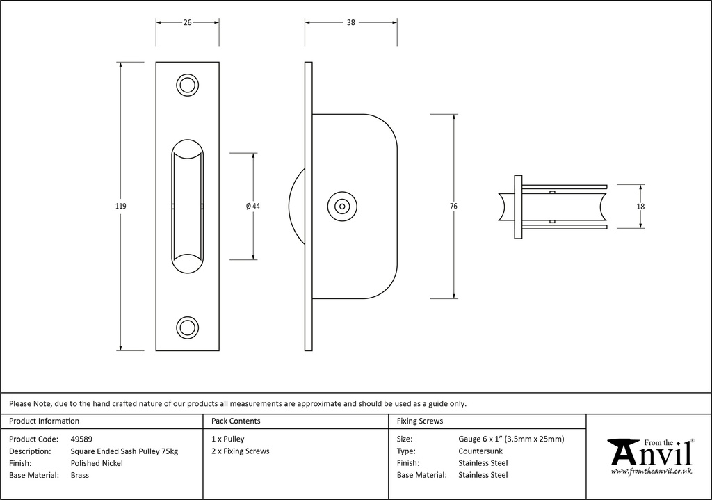 Polished Nickel Square Ended Sash Pulley 75kg - 49589 - Technical Drawing